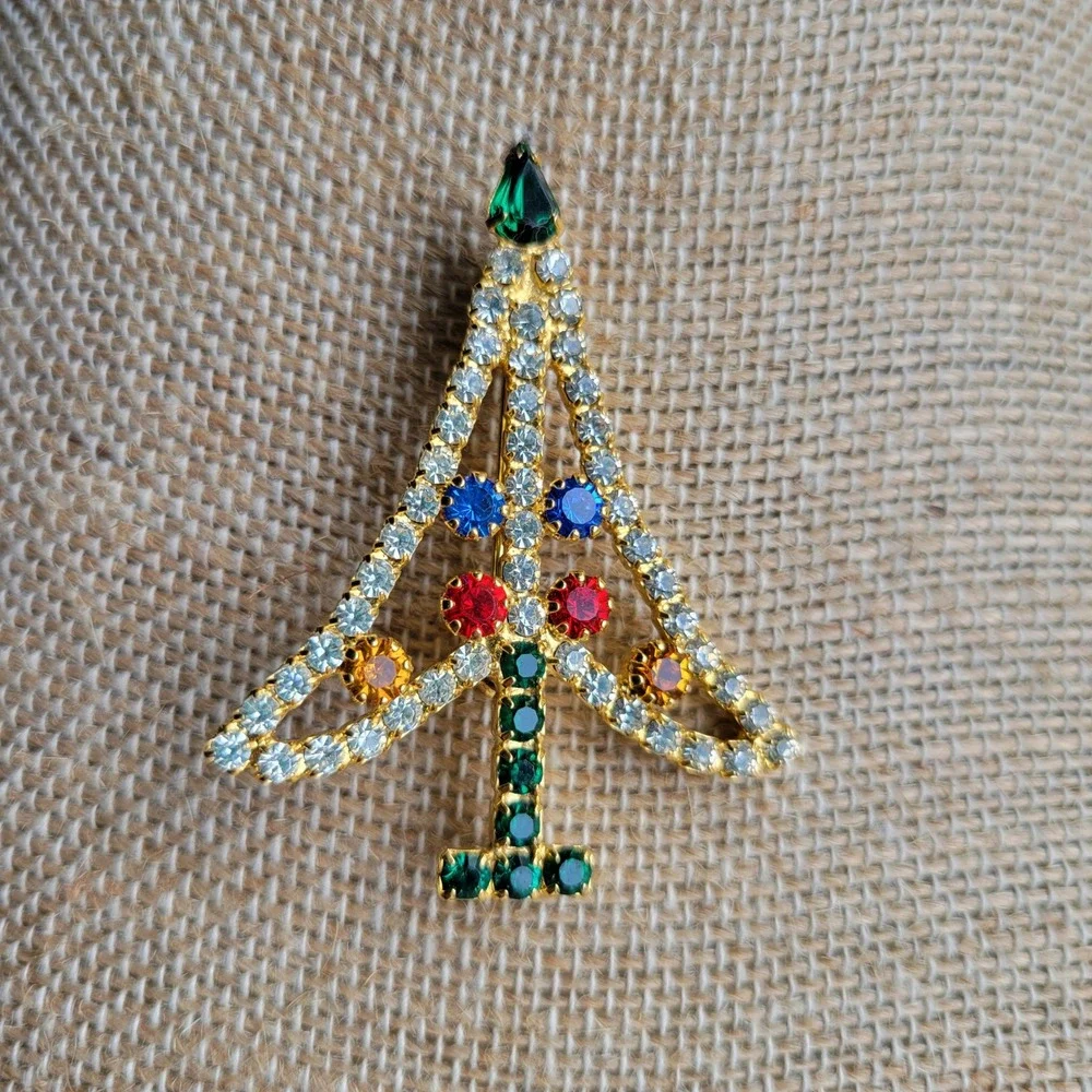 Vintage‎ 70s Christmas Tree Brooch Colorful Rhinestones Mod MCM Giftable